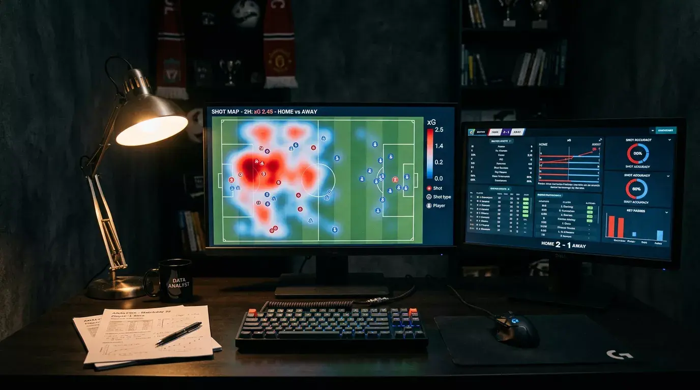 Analista revisando gráficos de expected goals en una pantalla con datos de equipos de la Premier League