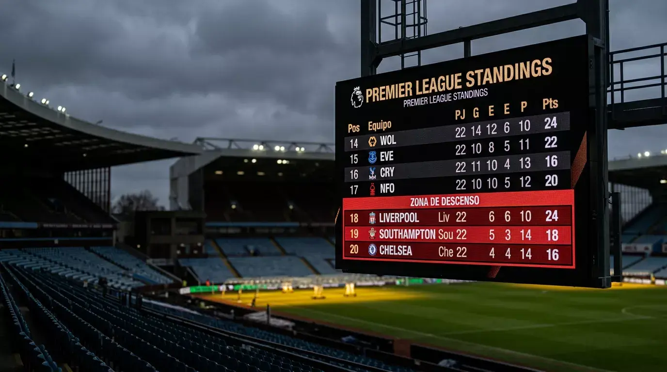 Zona baja de la tabla de clasificación de la Premier League mostrada en un marcador de estadio