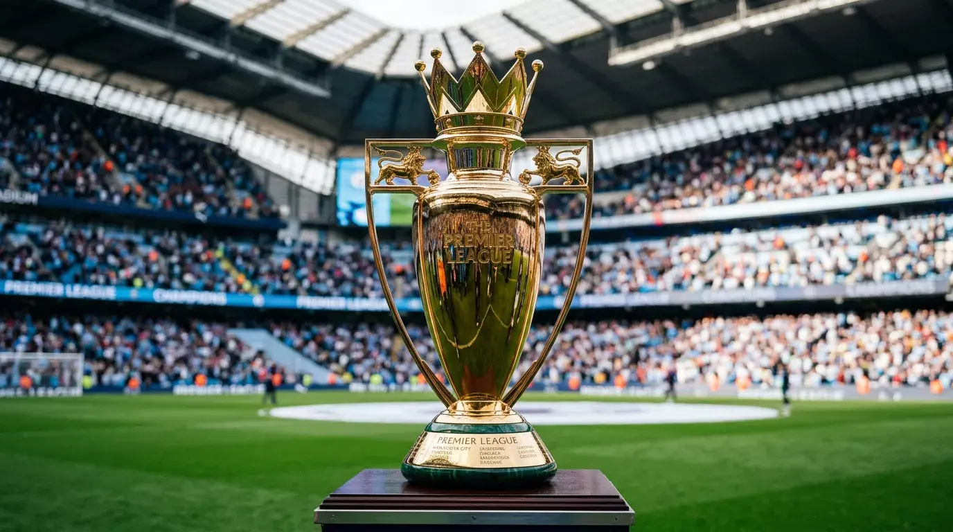 Trofeo dorado de la Premier League sobre un pedestal en un estadio de fútbol inglés
