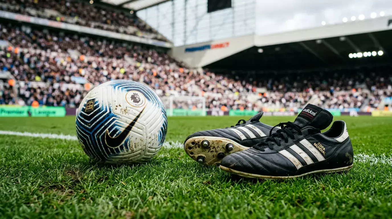 Botas de fútbol profesionales sobre el césped de un estadio de la Premier League junto a un balón