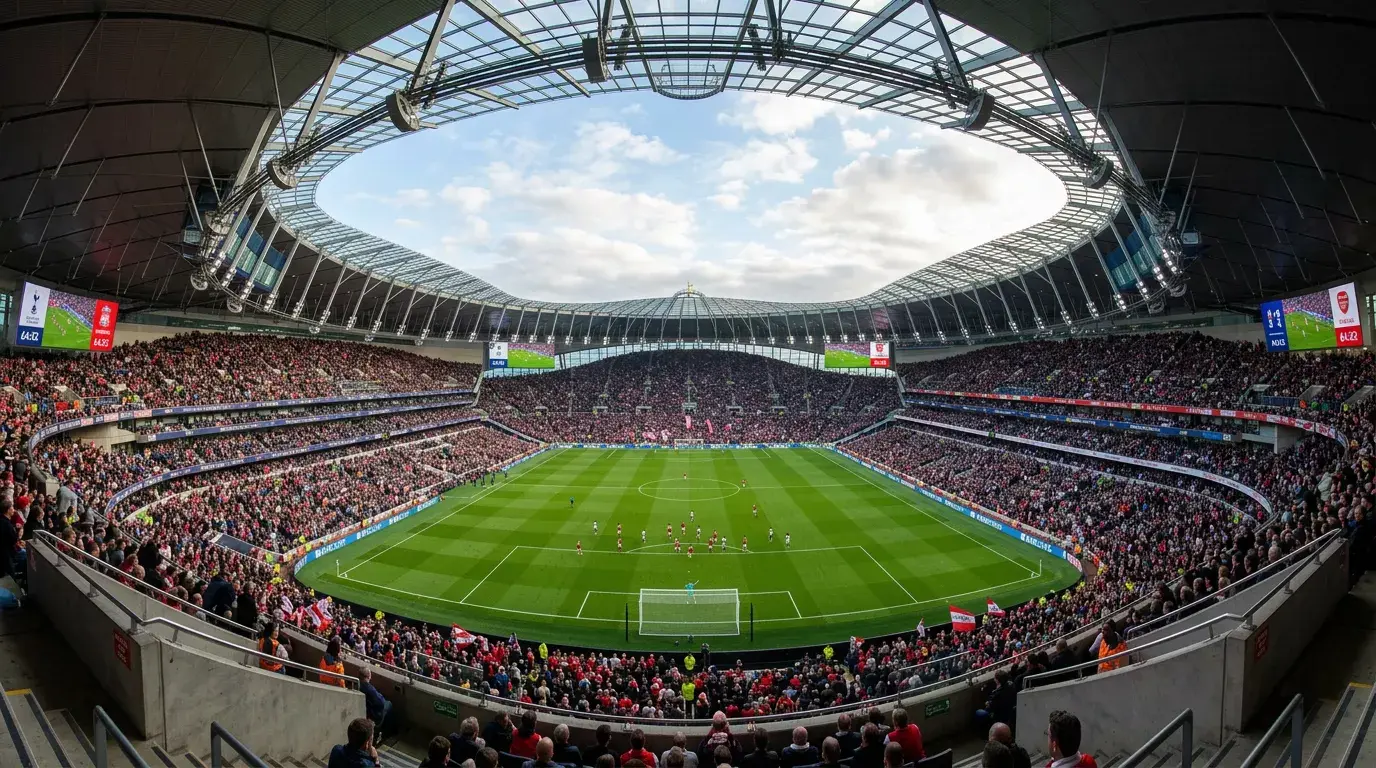 Vista panorámica de un estadio de la Premier League con el campo completo visible desde la grada alta