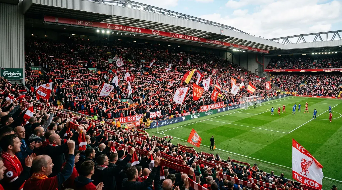 Grada llena de aficionados en un estadio de la Premier League durante un partido de local