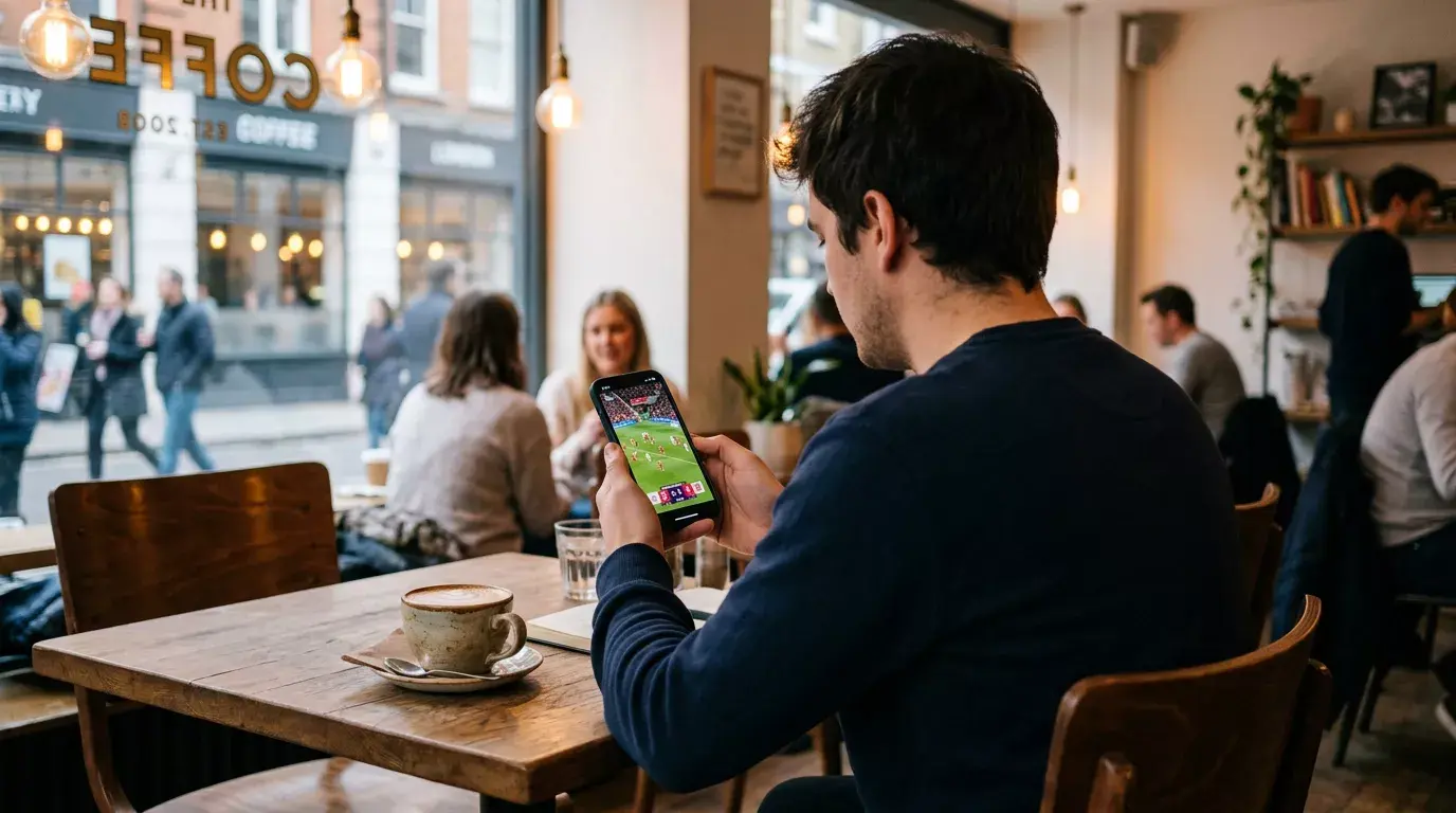 Persona usando un smartphone para seguir un partido de la Premier League en una cafetería