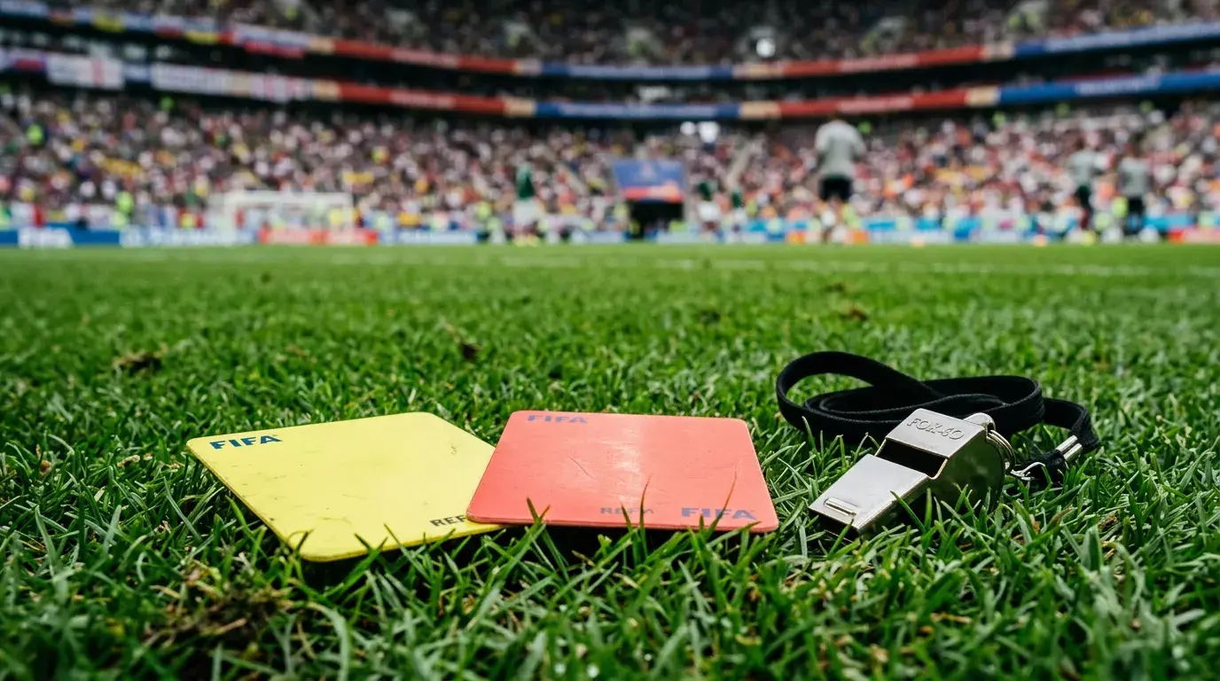 Tarjeta amarilla y tarjeta roja de árbitro sobre el césped de un campo de fútbol