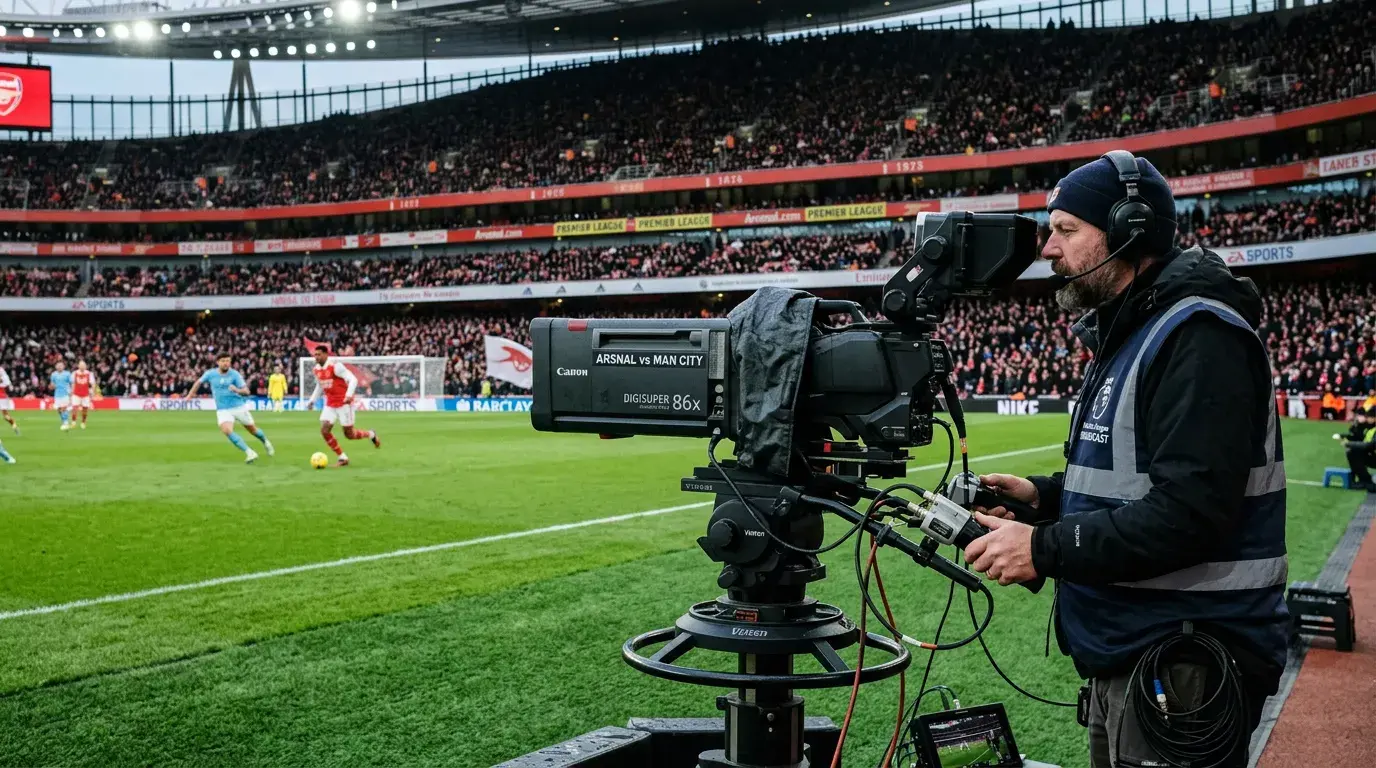 Cámara de televisión enfocando un partido de fútbol de la Premier League desde la banda del estadio