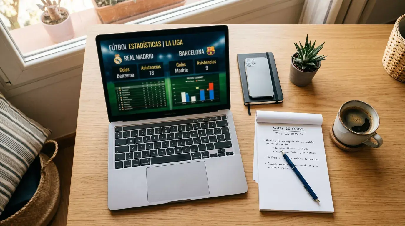 Cuaderno de notas con bolígrafo sobre una mesa junto a un portátil mostrando datos deportivos