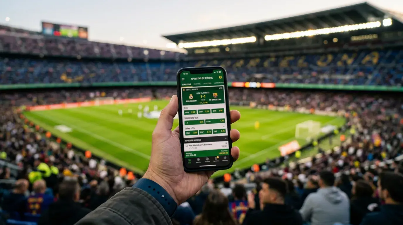 Mano sosteniendo un smartphone con una aplicación de apuestas deportivas en un estadio de fútbol