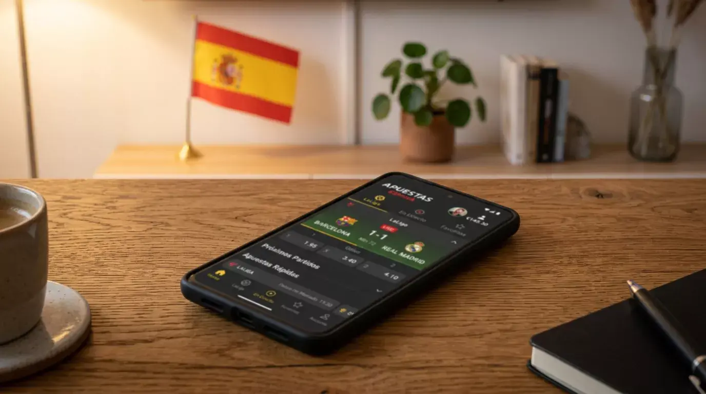 Smartphone mostrando una aplicación de apuestas deportivas sobre una mesa con bandera española al fondo