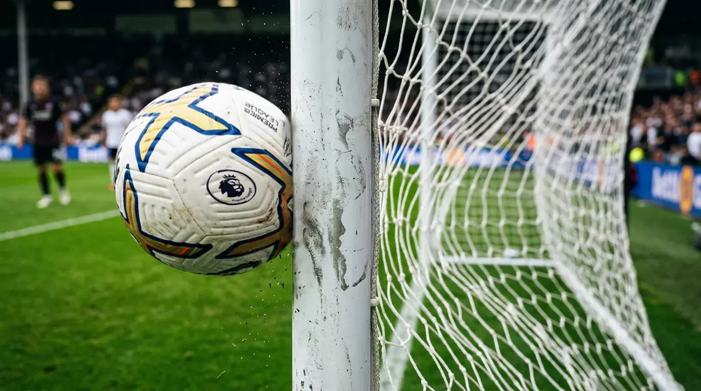 Balón de fútbol de la Premier League detenido por el poste de una portería