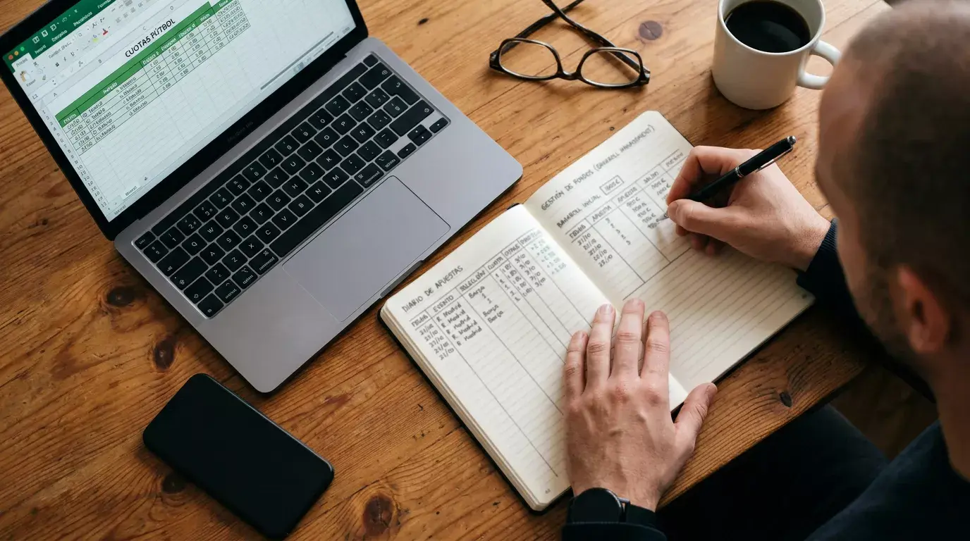 Persona tomando notas en un cuaderno junto a un portátil con datos de apuestas deportivas