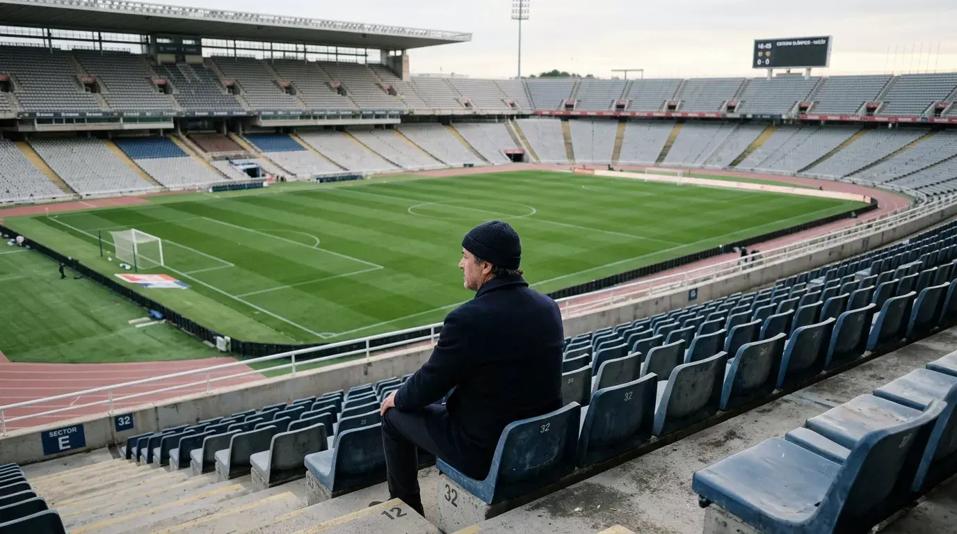 Persona reflexionando sentada en las gradas vacías de un estadio de fútbol