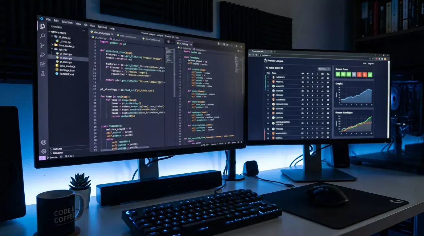 Pantalla de ordenador mostrando código y datos estadísticos de fútbol de la Premier League