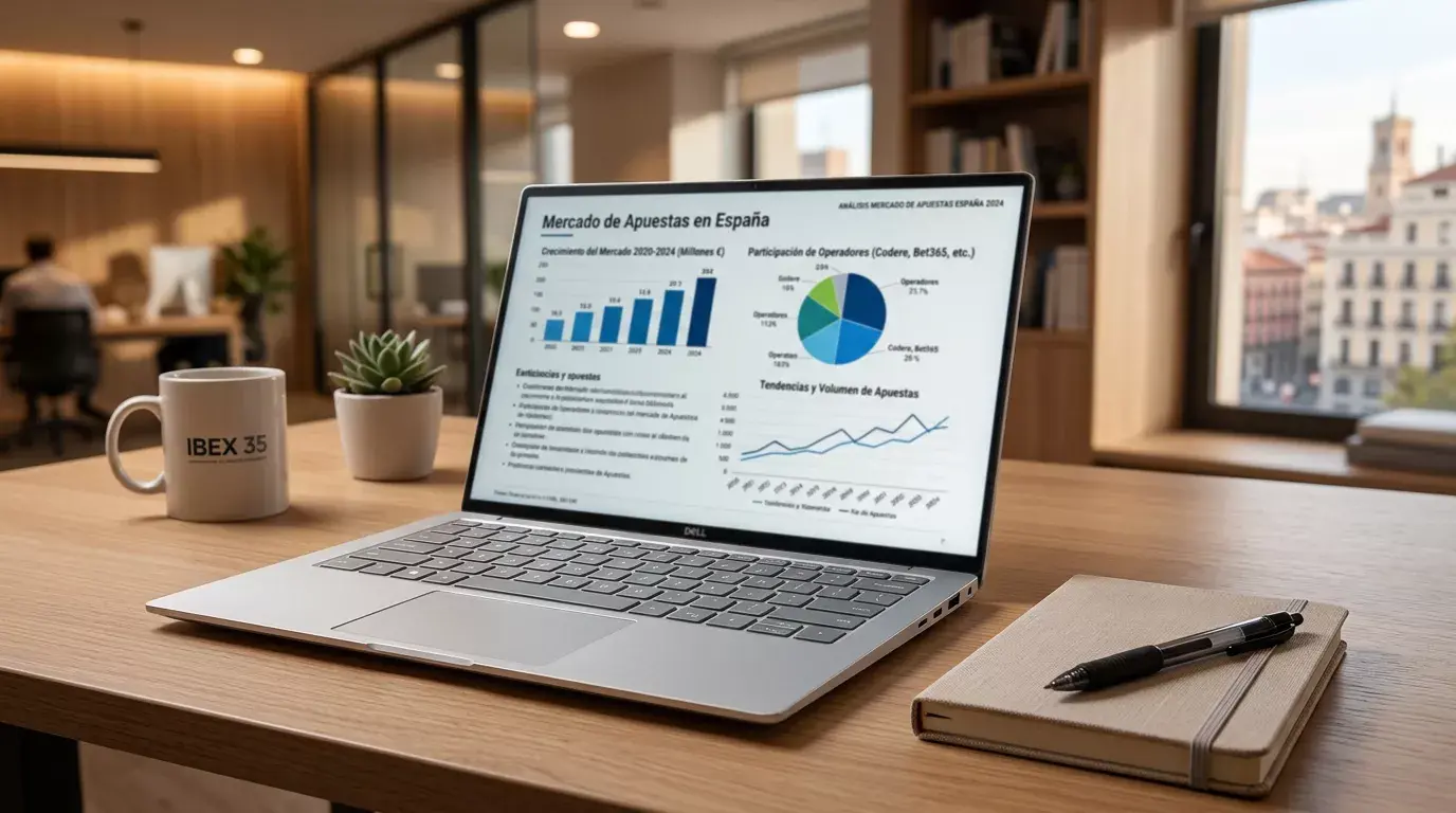 Portátil abierto sobre un escritorio mostrando gráficos de datos del mercado de apuestas en España