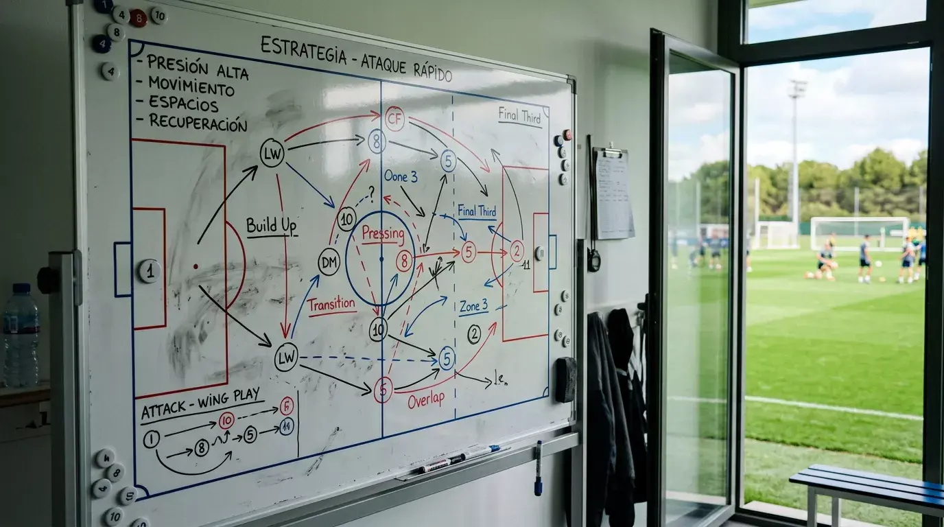 Pizarra táctica de fútbol con diagramas de jugadas junto a un campo de la Premier League