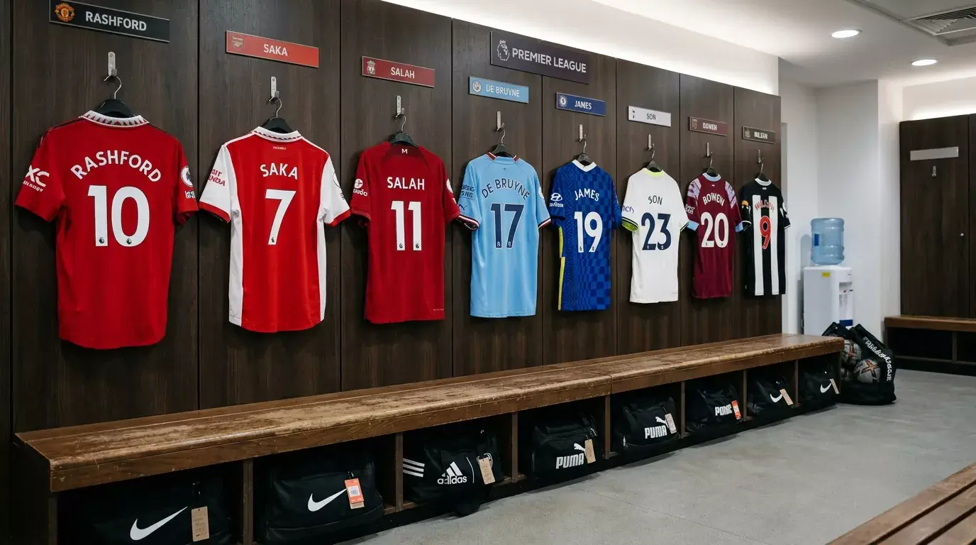 Camisetas de fútbol de la Premier League colgadas en un vestuario de estadio inglés