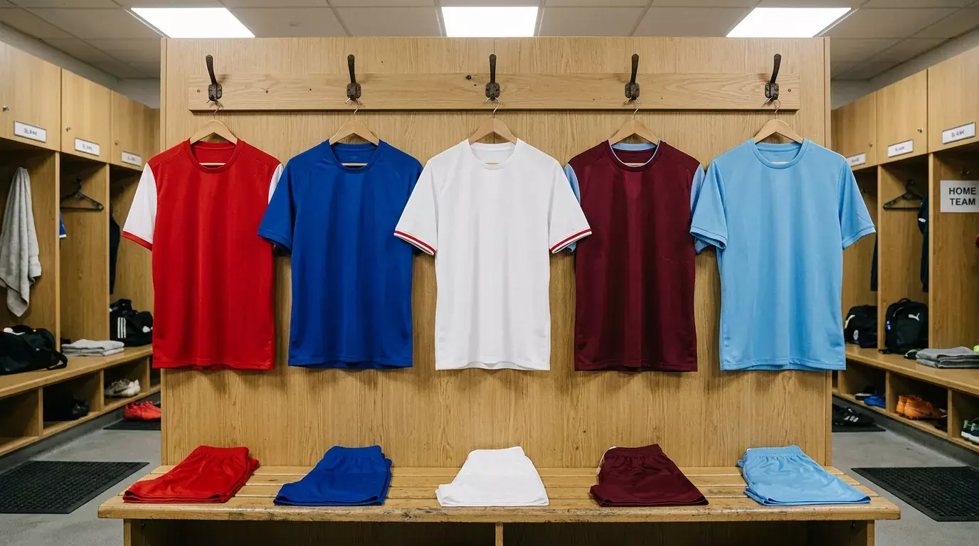 Camisetas de fútbol de la Premier League colgadas en un vestuario con espacios de patrocinio en el pecho